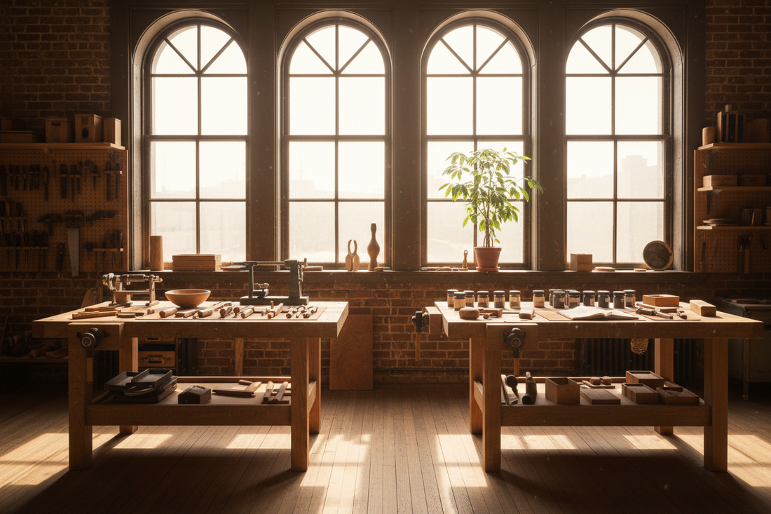 Peaceful sunlit workshop with wooden workbench and hand tools - The Mental Shop daily threshold reflection on mindfulness and intentional craft