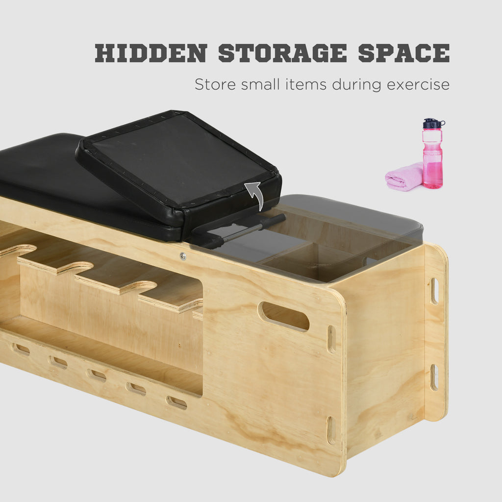 Wooden exercise bench with hidden storage space for small items on a light gray background.
