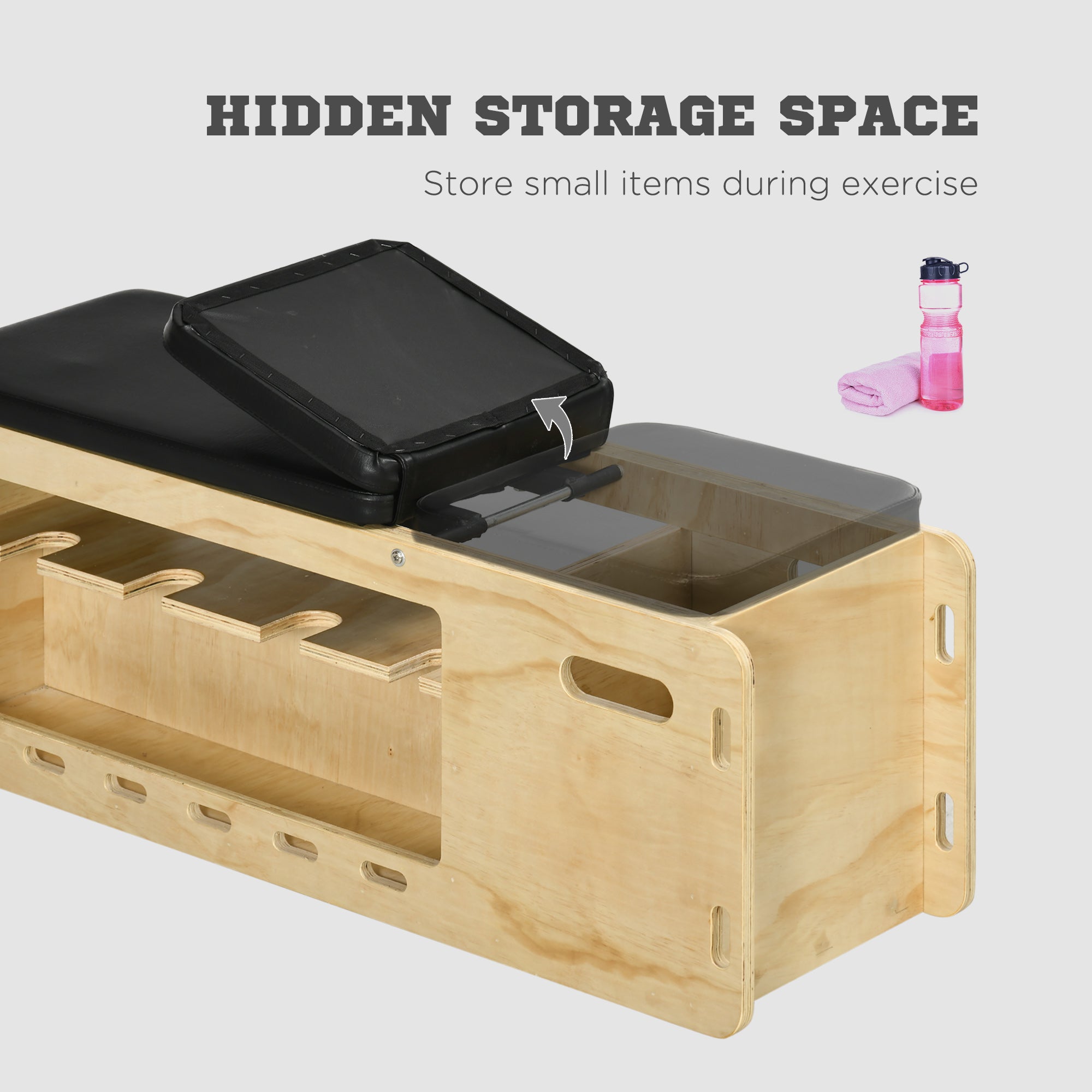 Wooden exercise bench with hidden storage space for small items on a light gray background.