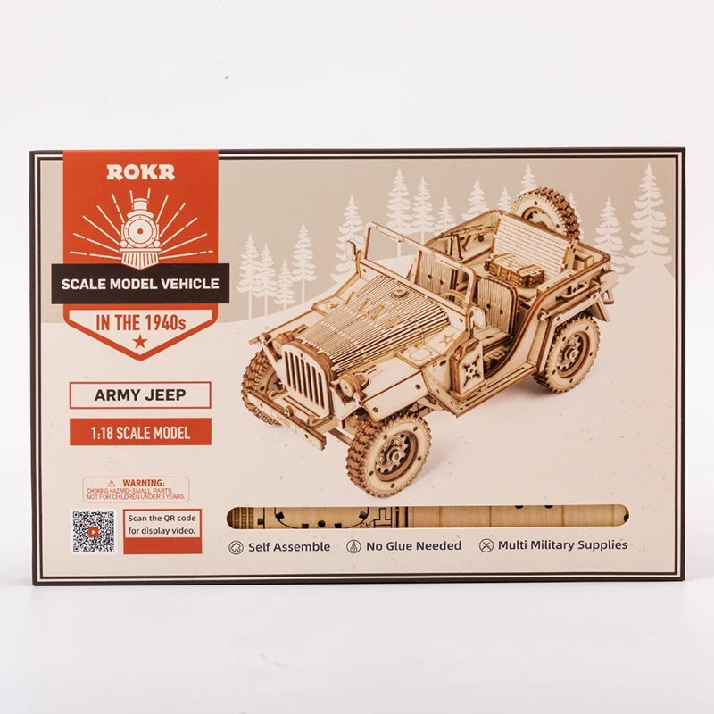 Boxed ROKR scale model vehicle of an army jeep on a white background