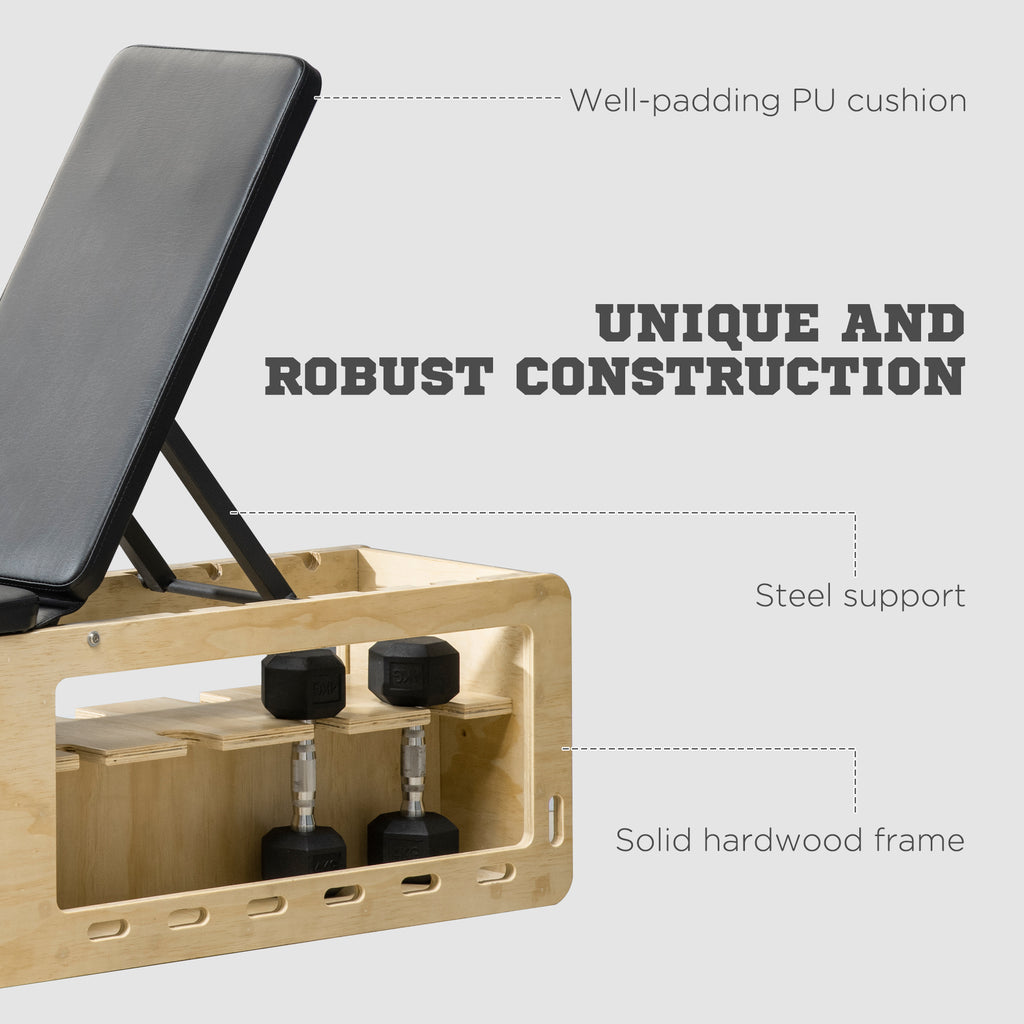 Wooden stand with phone holder and text highlighting features on a light gray background