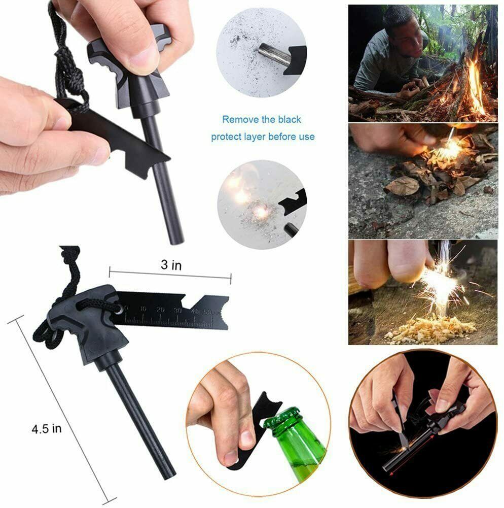 Multifunctional tool with fire starter, bottle opener, and other features on a white background.