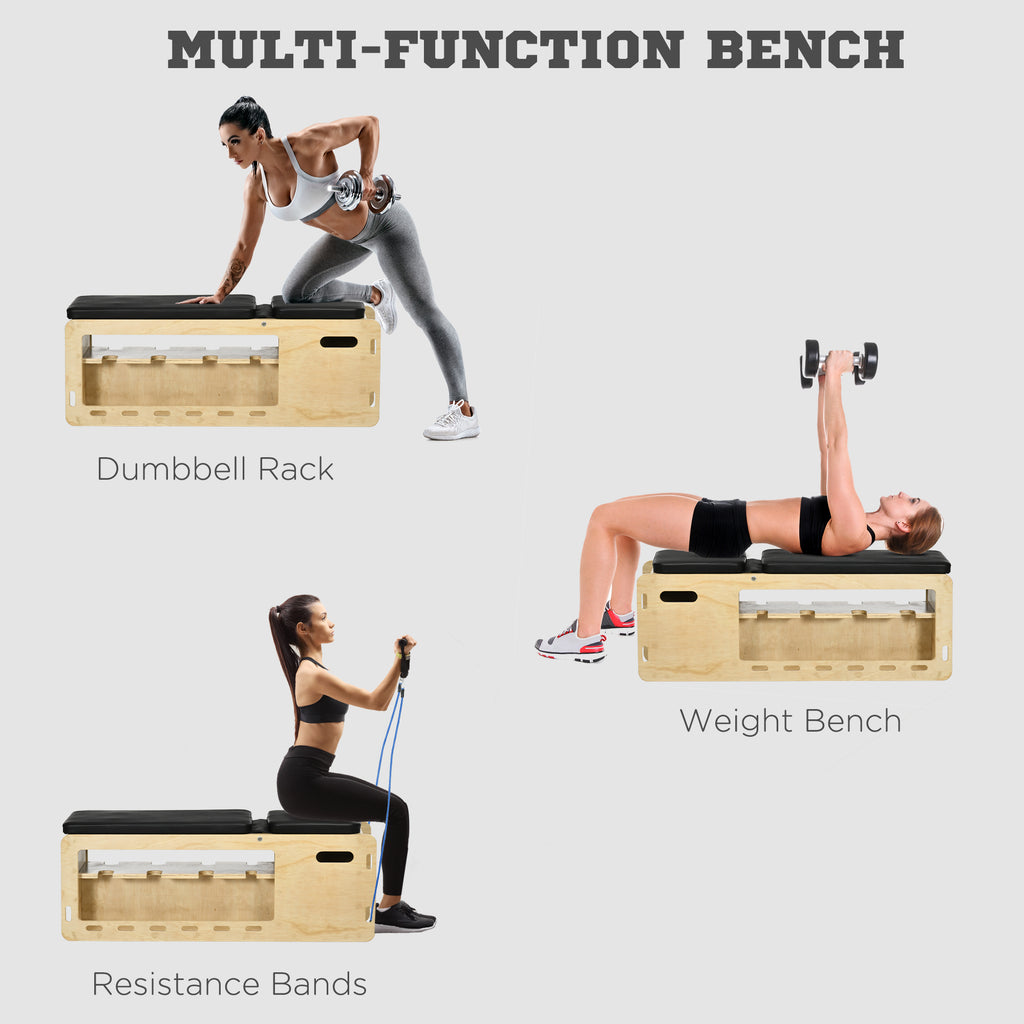 Multi-function bench used for dumbbell rack, weight bench, and resistance bands with a woman demonstrating its use.