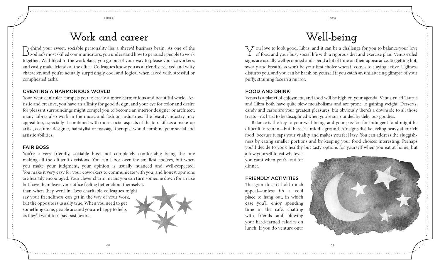 Text and graphics on a page from a book or magazine, including stars and a moon symbol.