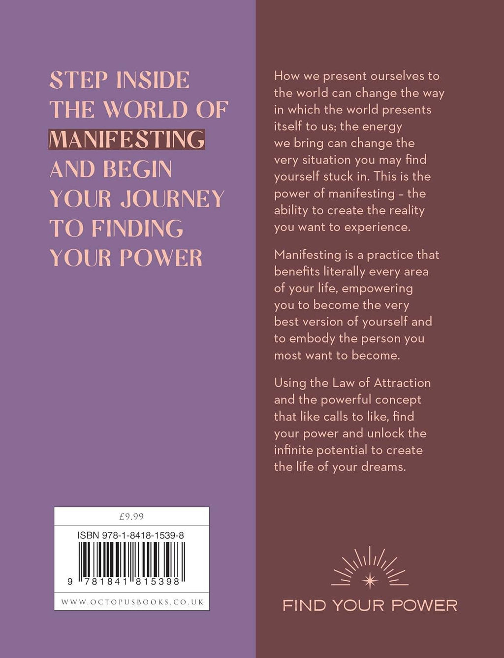 Back cover of a book with text on manifesting and personal power, featuring a purple and brown color scheme.