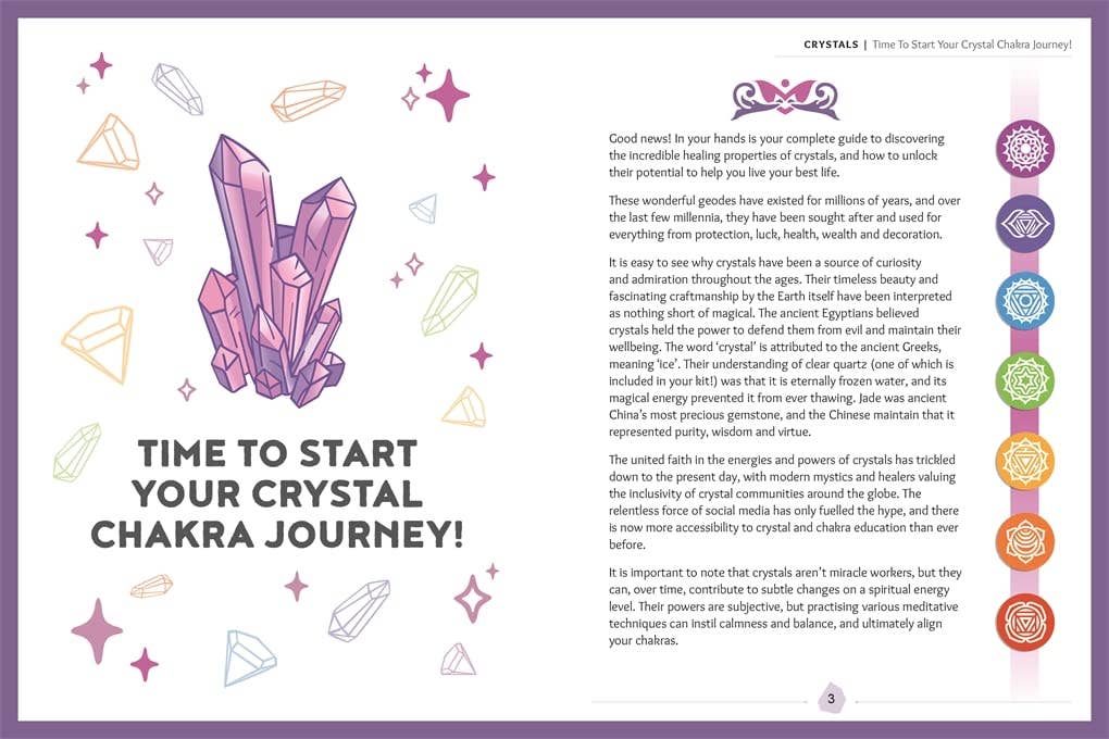 Page from a book or guide on crystals and chakras with crystal illustrations and text.