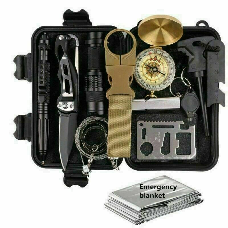 Survival kit with tools including a knife, flashlight, and compass in a black case.