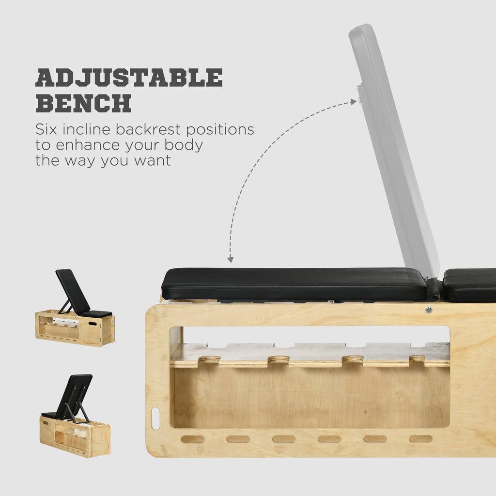 Wooden adjustable bench with backrest and phone holders on a light gray background