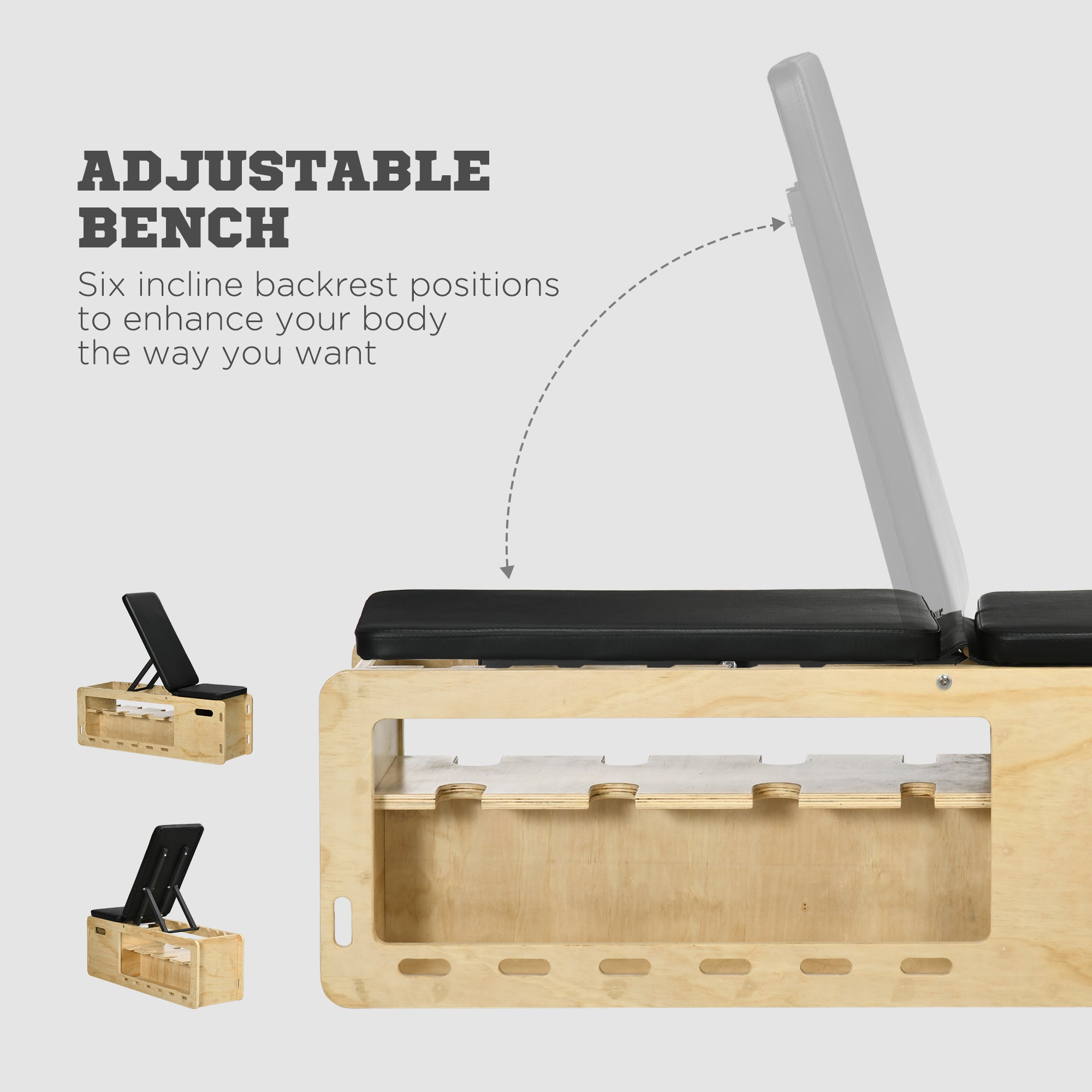 Wooden adjustable bench with backrest and phone holders on a light gray background