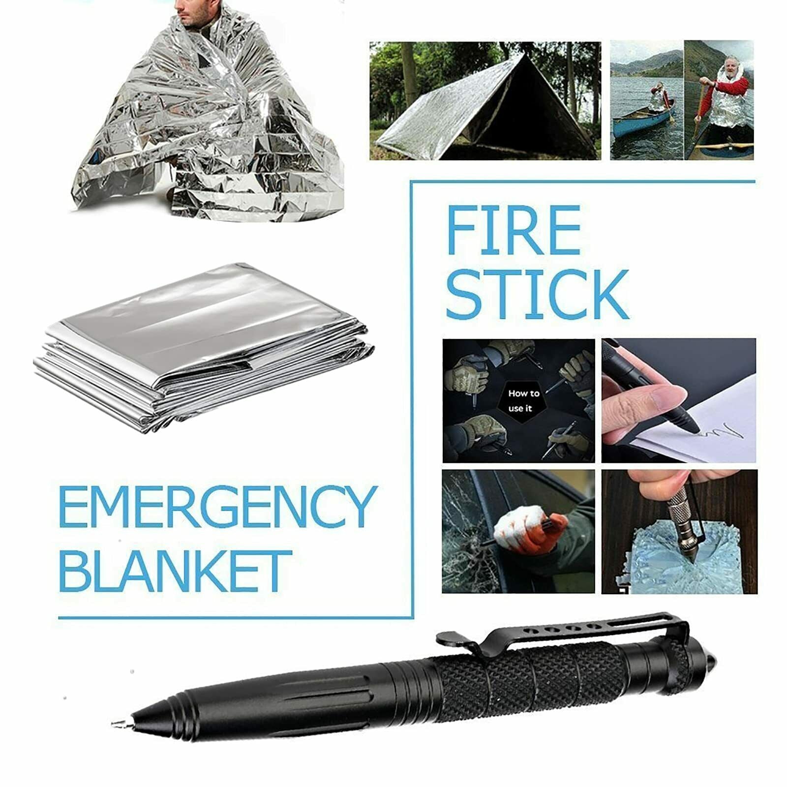 Collection of emergency supplies including a fire stick, emergency blanket, and pen on a white background.
