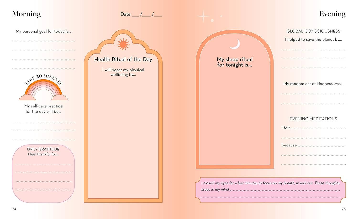 Daily routine planner with sections for morning and evening activities on a pink background.
