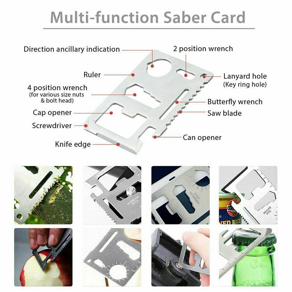 Multi-function saber card with various tools and uses shown