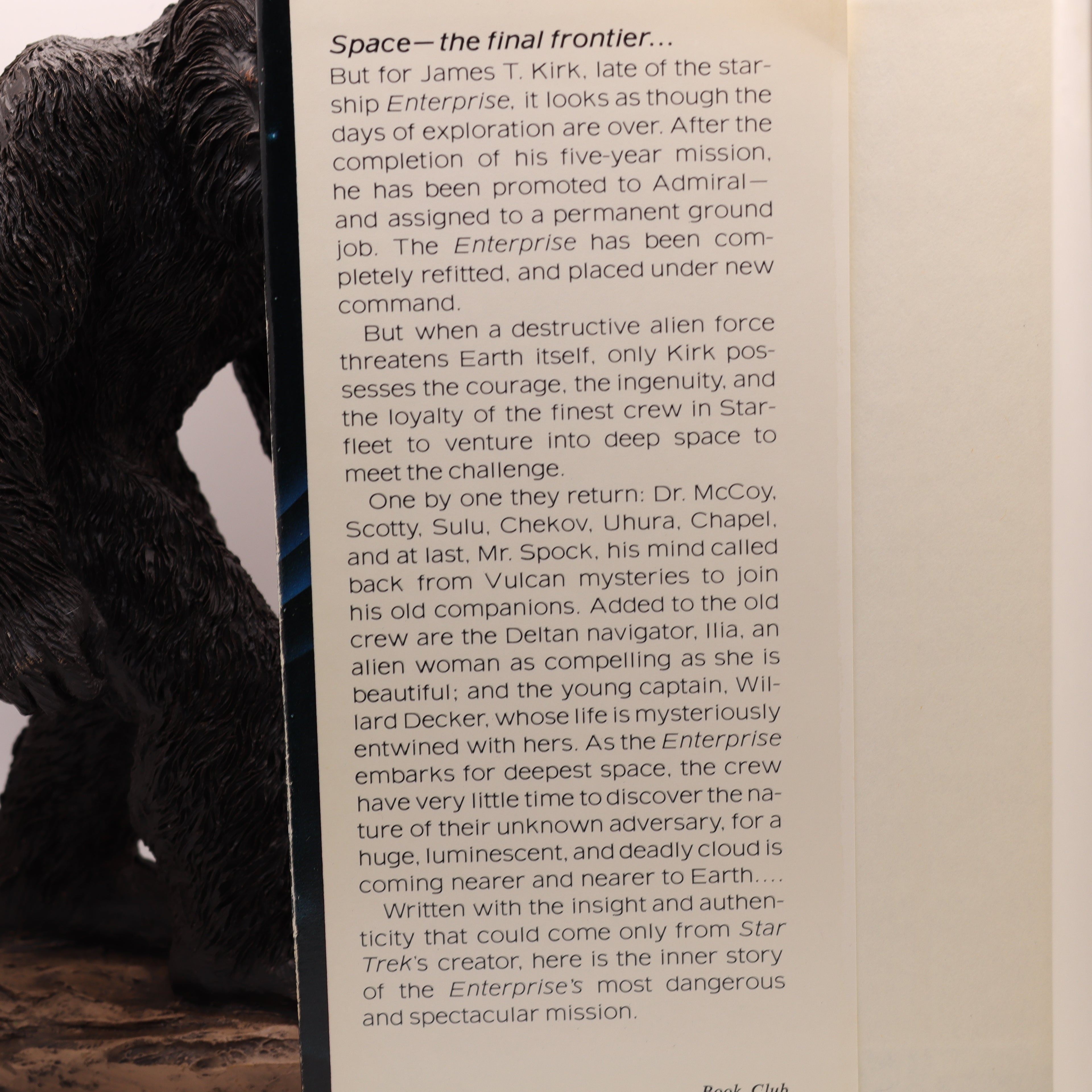 Text on a book page with a stuffed animal on a wooden surface