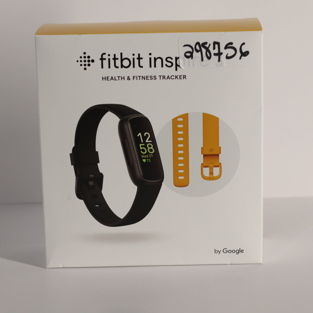 Fitbit Inspire health and fitness tracker packaging with black band and orange strap on a white background