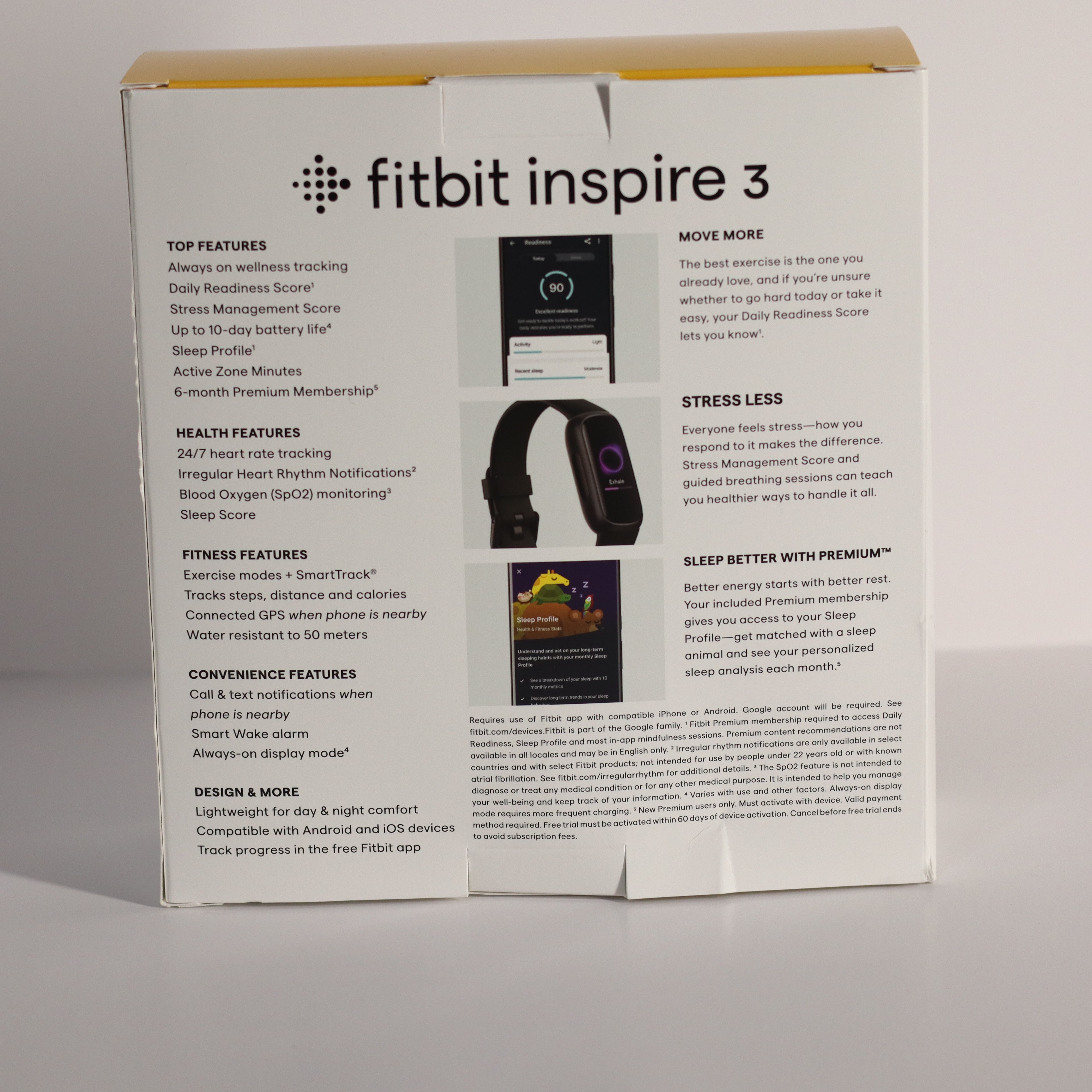 Fitbit Inspire 3 packaging with feature details on a gray background