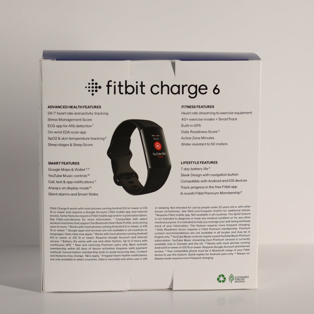 Fitbit Charge 6 packaging box with product details on a gray background