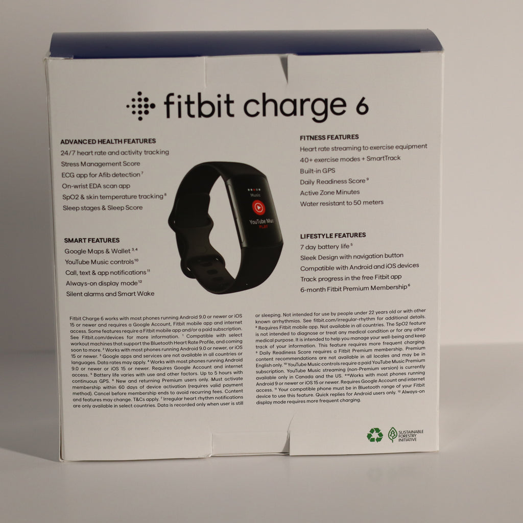 Fitbit Charge 6 packaging box with product details on a gray background