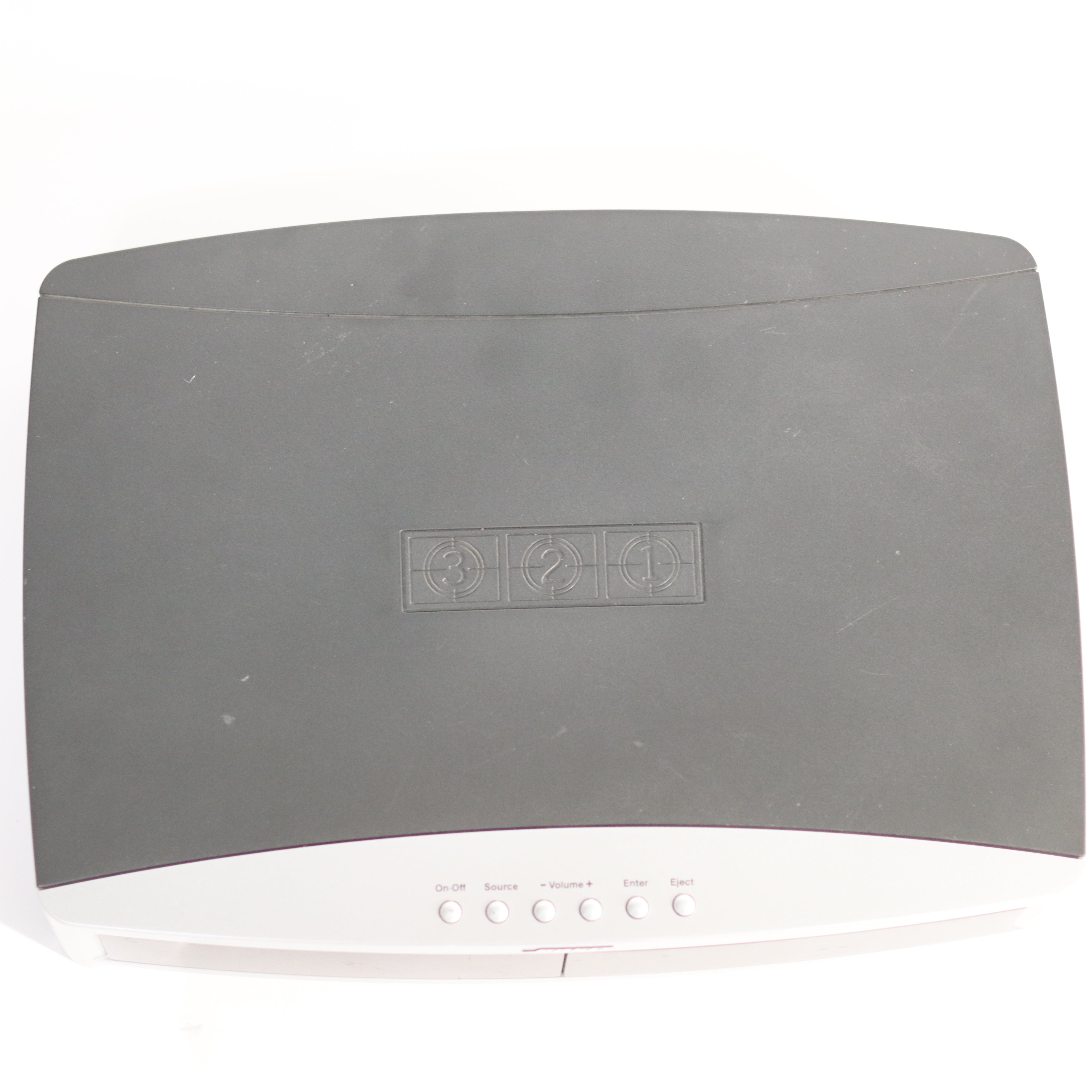 Gray electronic device with a logo on a white background