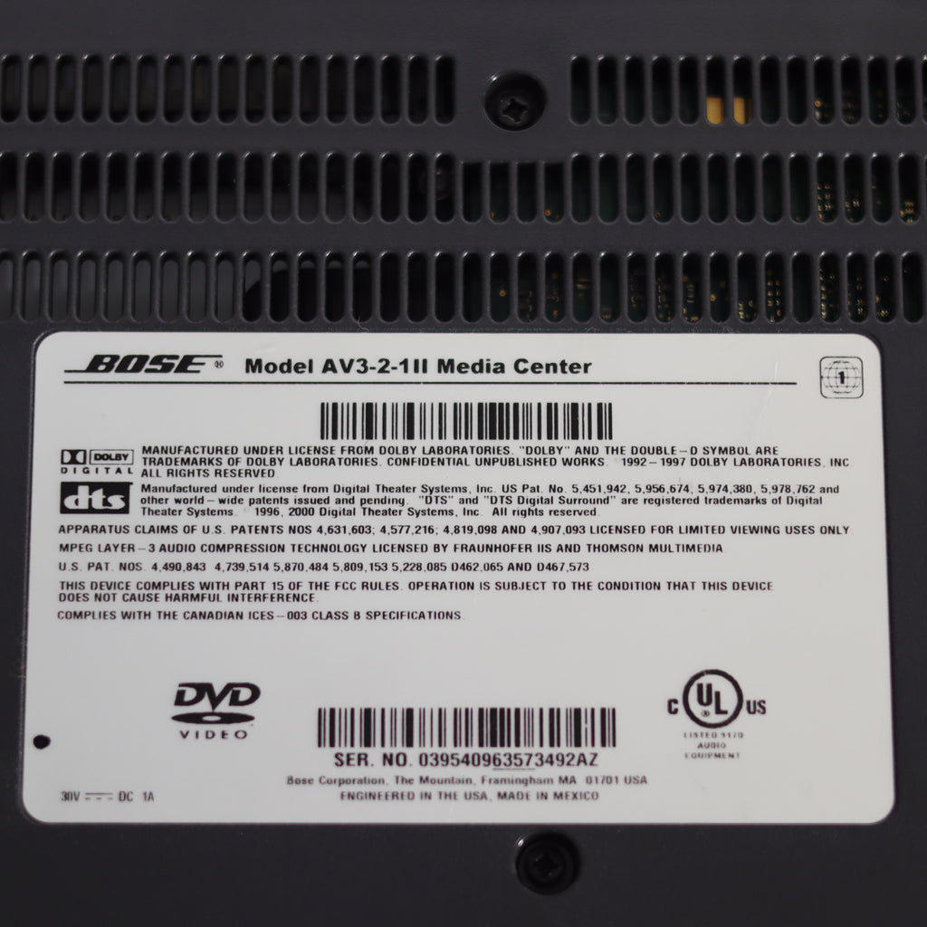 Back panel of a Bose Model AV3-2-11II Media Center with branding and technical details.