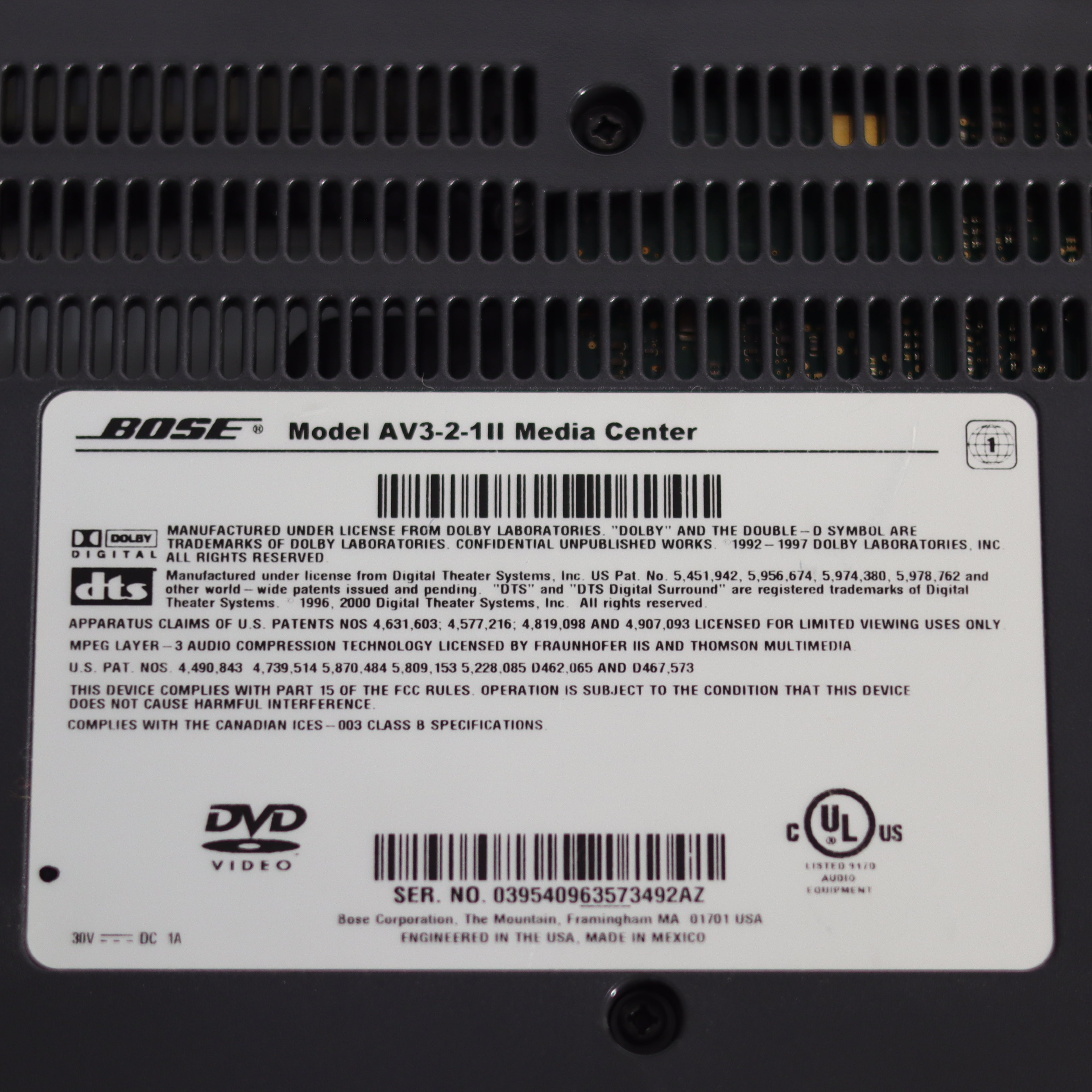 Back panel of a Bose Model AV3-2-11II Media Center with branding and technical details.