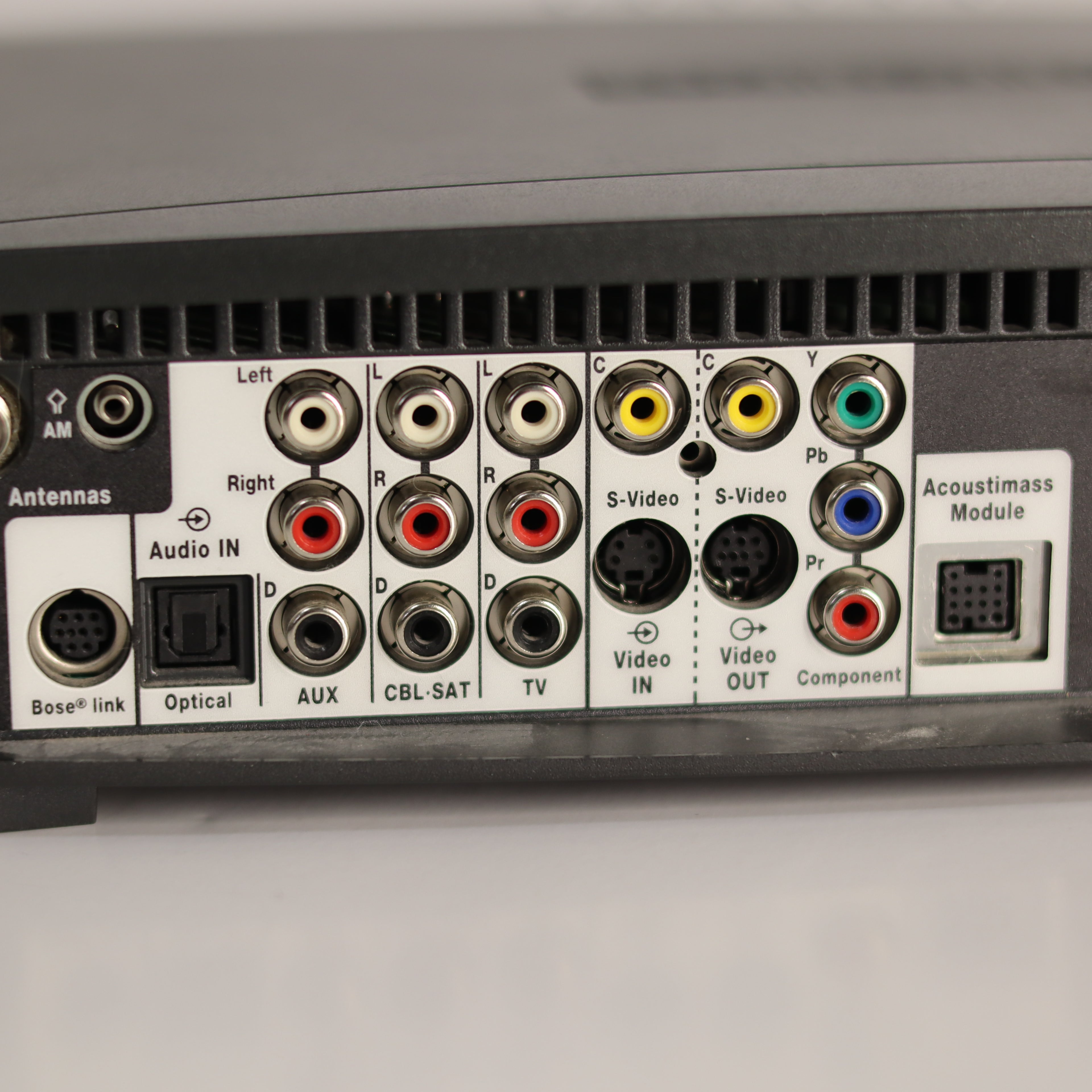 Back panel of an electronic device with various audio and video connectors.