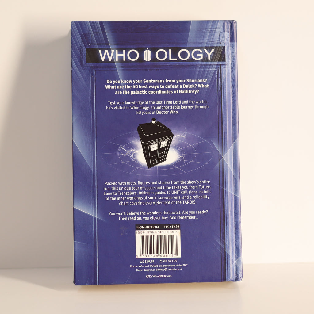 Back cover of a book titled 'WHO OLOGY' with TARDIS illustration on a beige background