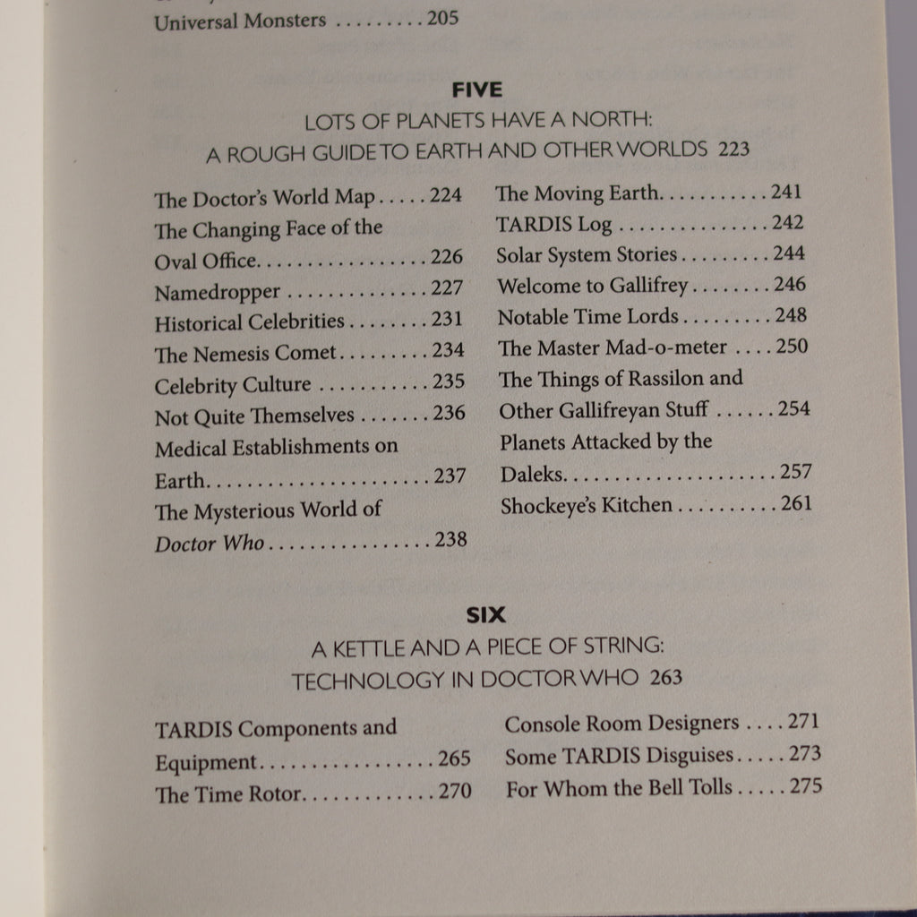 Table of contents page from a book or document related to 'Doctor Who' with text on planets, Earth, TARDIS, and other topics.