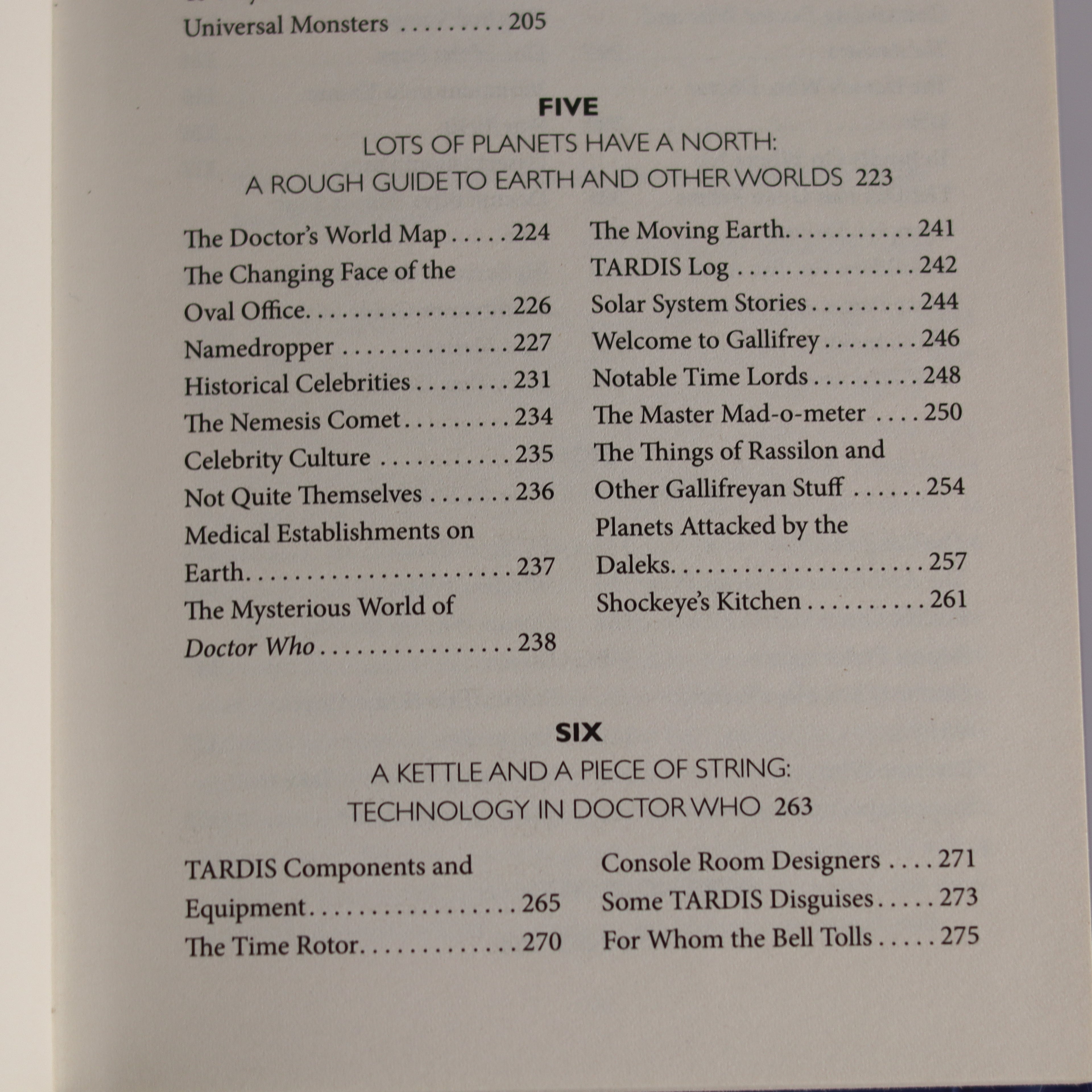 Table of contents page from a book or document related to 'Doctor Who' with text on planets, Earth, TARDIS, and other topics.