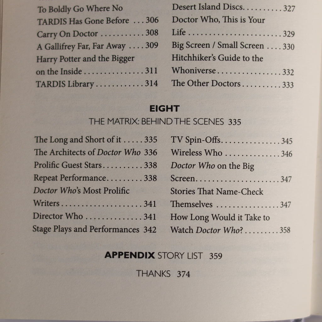 Table of contents page from a book or document related to 'Doctor Who' with various chapter titles.