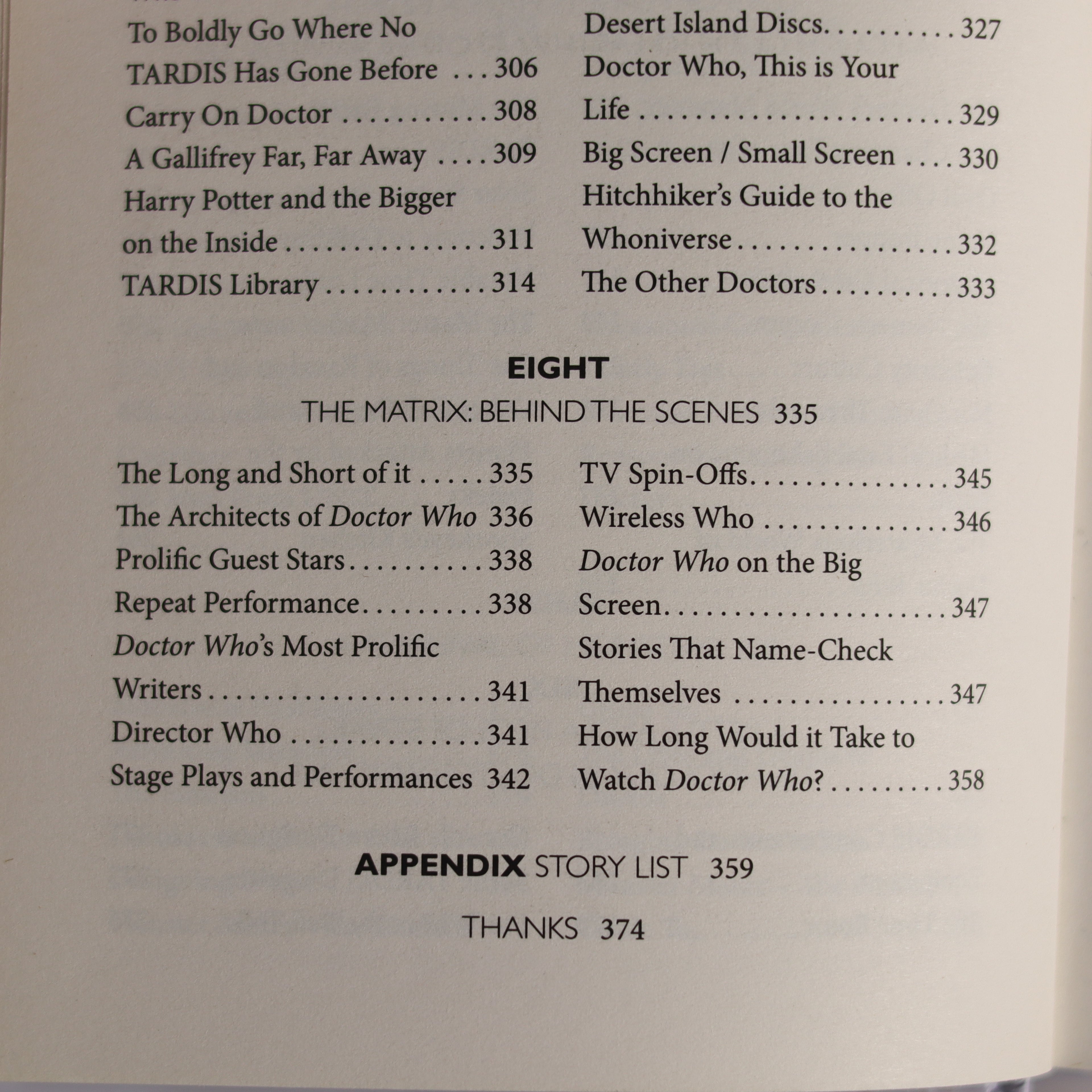 Table of contents page from a book or document related to 'Doctor Who' with various chapter titles.