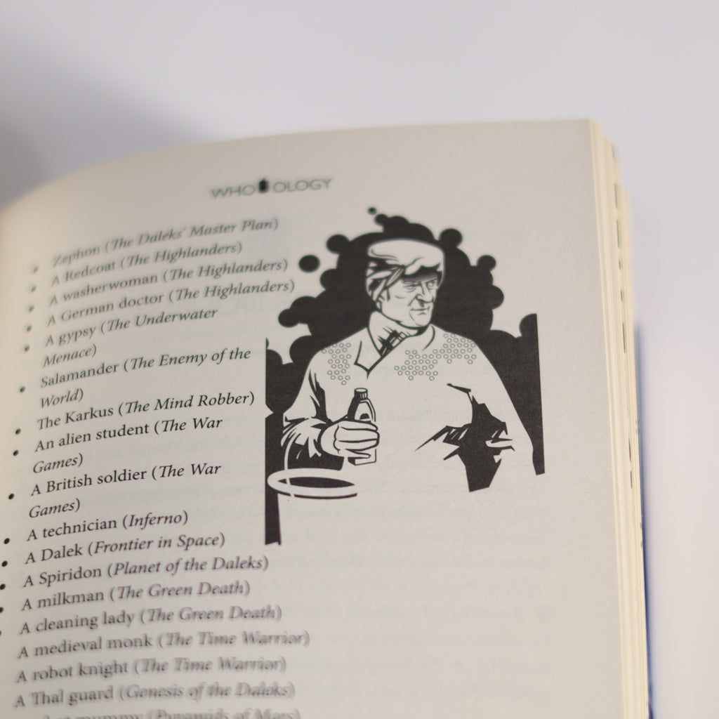 Book page with illustration of a character and text on a white background