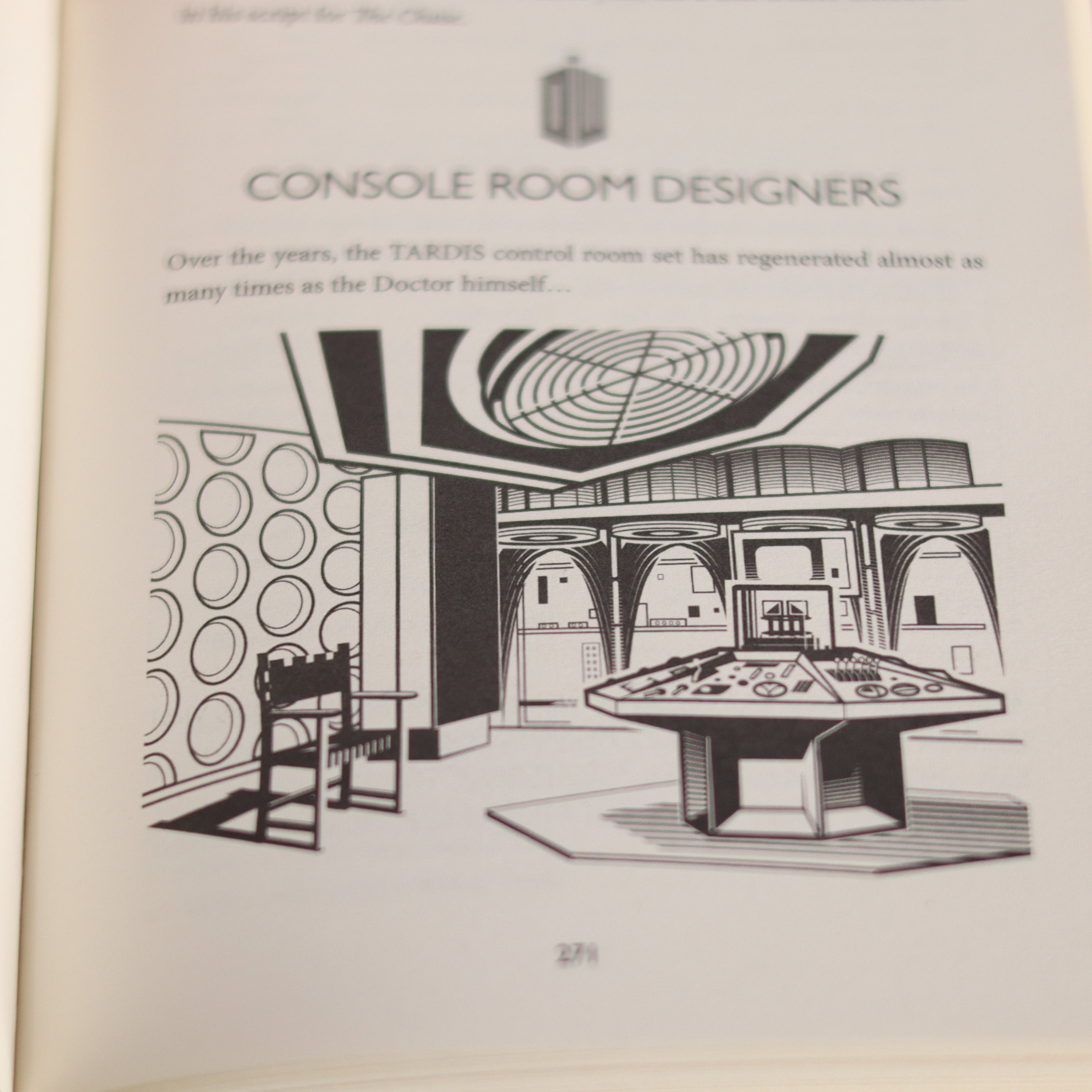 Illustration of a console room with text about 'Console Room Designers' and 'TARDIS control room set'.