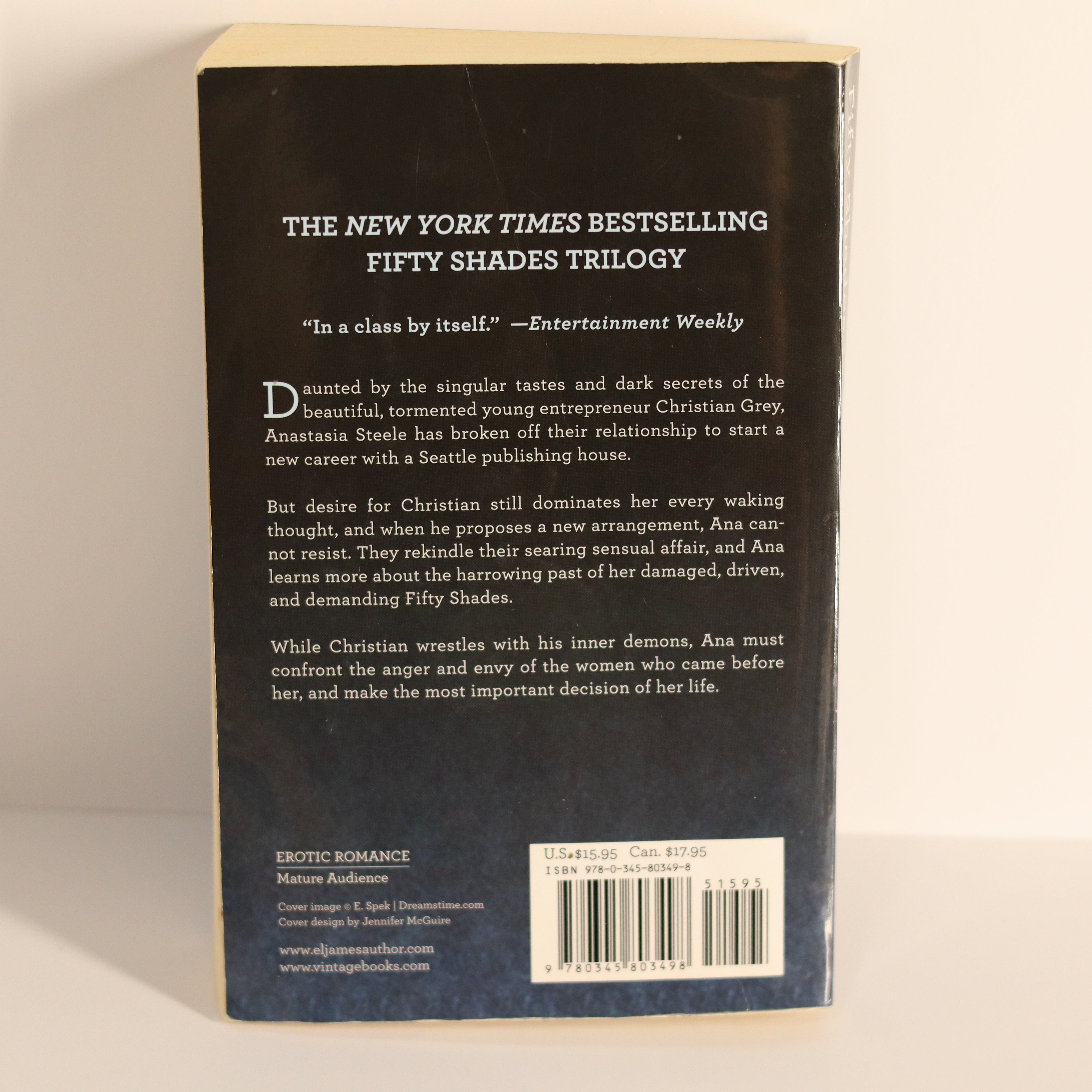 Back cover of a book with text and a barcode on a light background