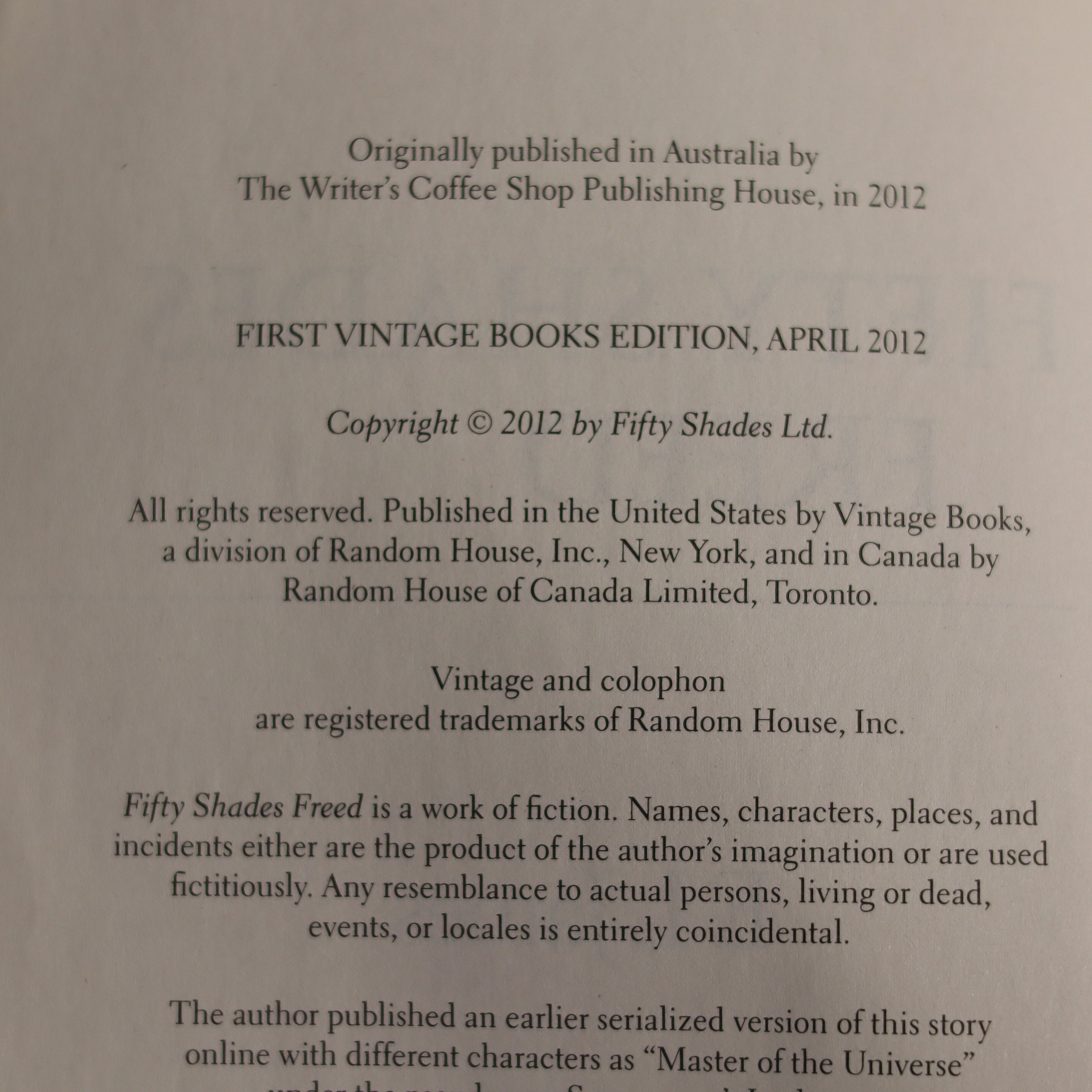 Book copyright page with text about publication details and trademarks.