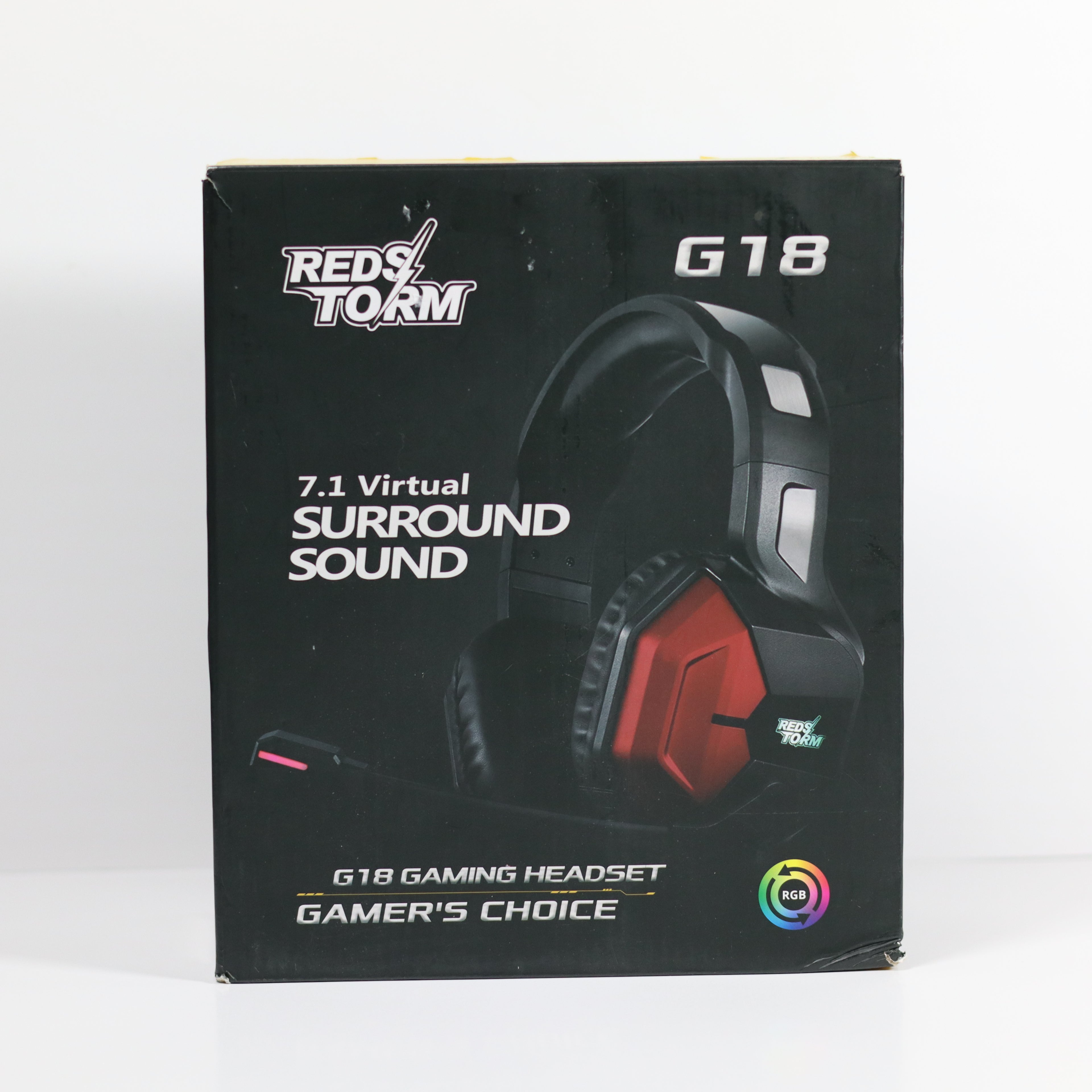 Red Storm G18 gaming headset packaging with 7.1 virtual surround sound text on a white background