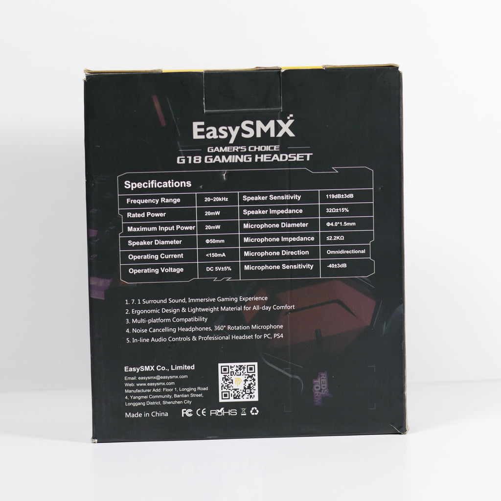 Back view of EasySMX G18 gaming headset packaging with specifications.