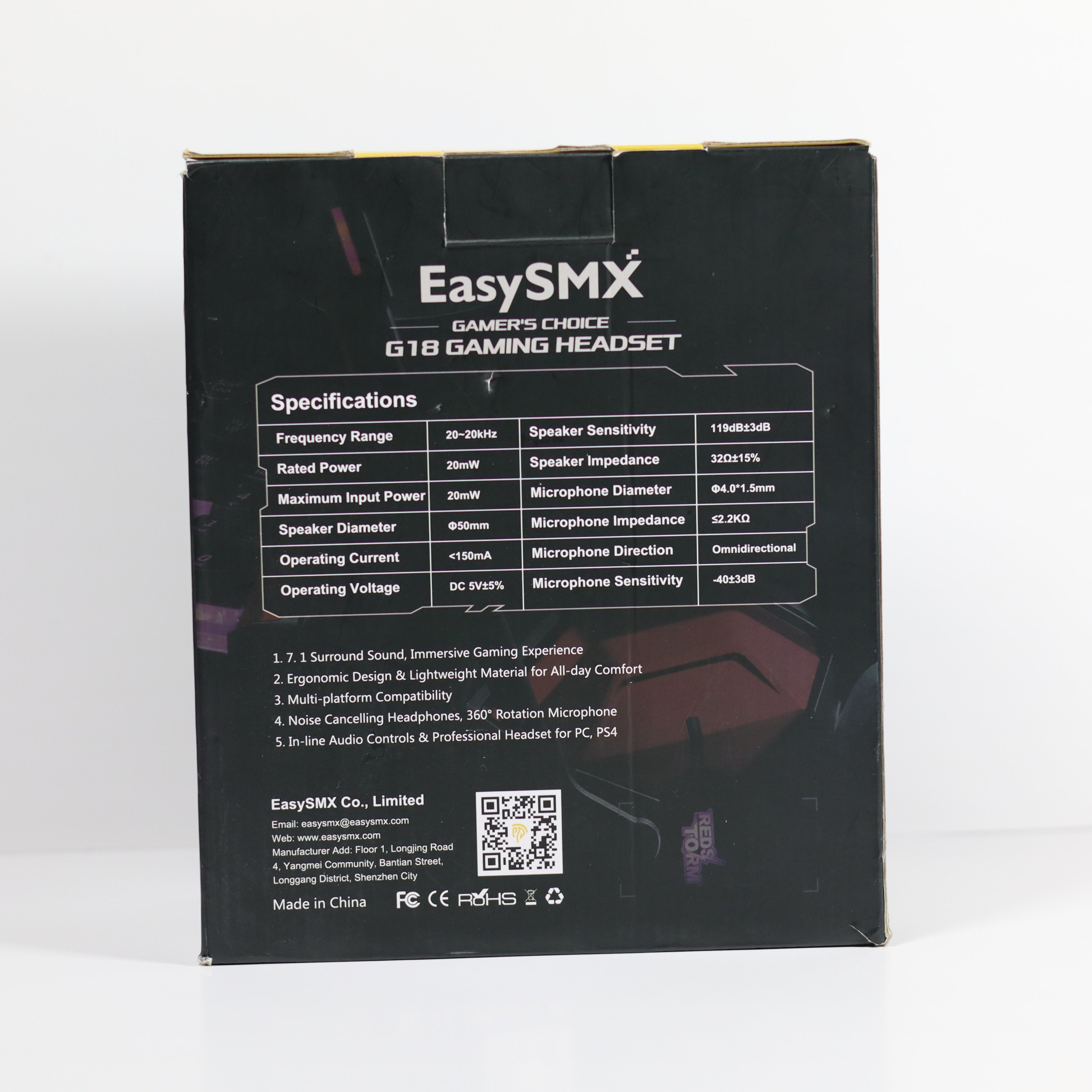 Back view of EasySMX G18 gaming headset packaging with specifications.