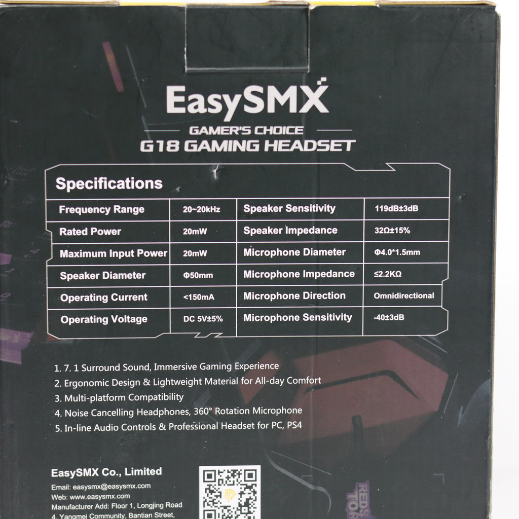 Back view of EasySMX G18 gaming headset packaging with specifications and branding.