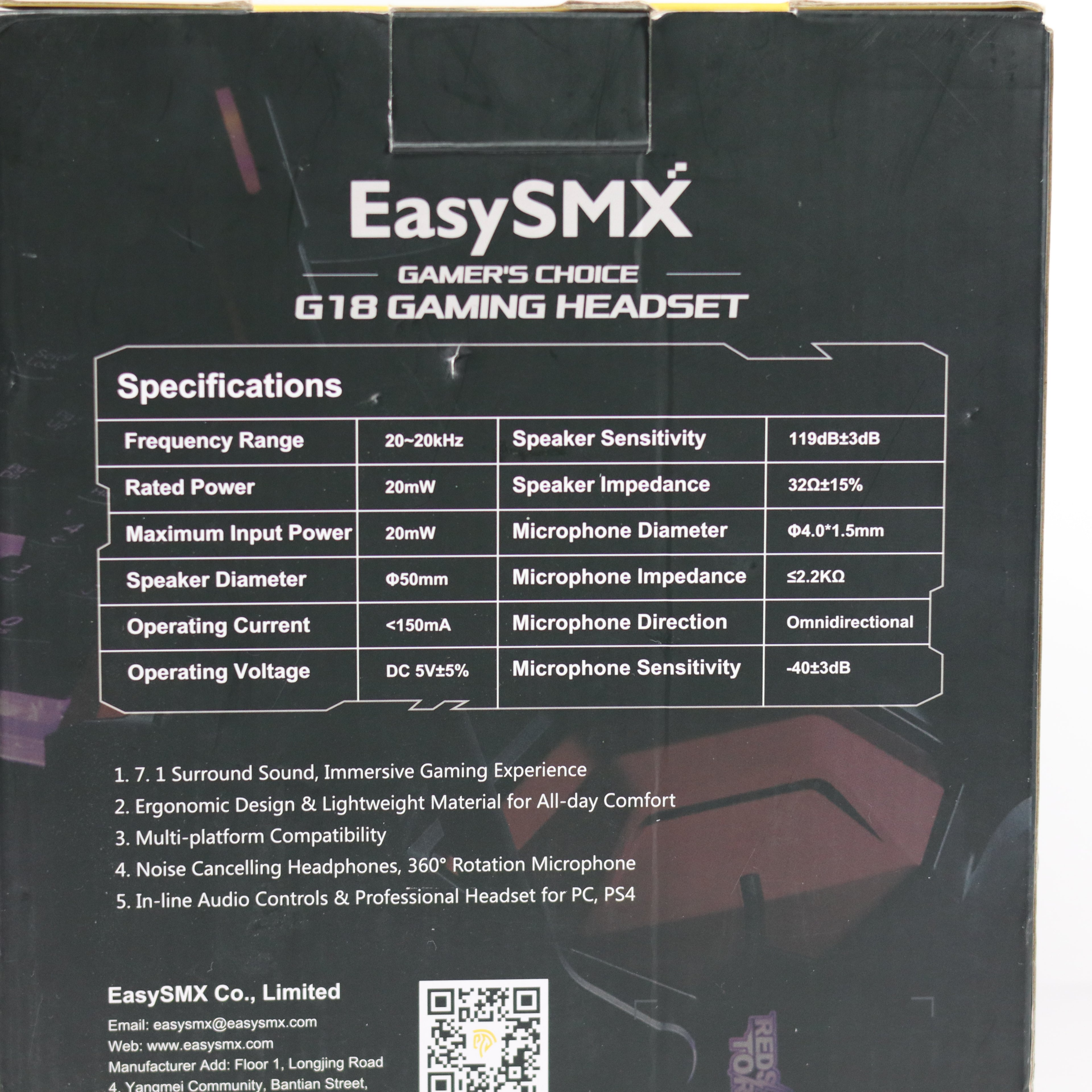 Back view of EasySMX G18 gaming headset packaging with specifications and branding.