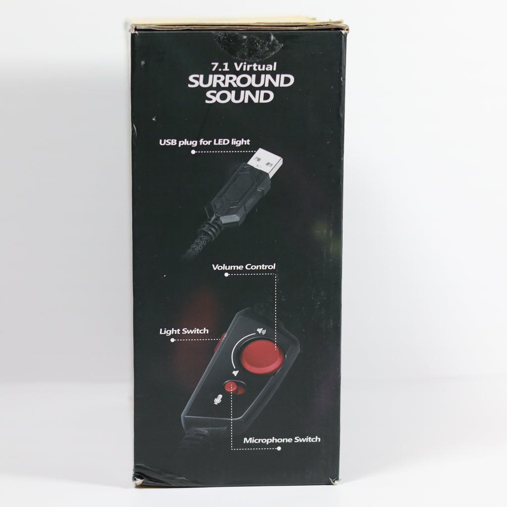 Box for a 7.1 Virtual Surround Sound device with USB plug and control features on a white background.