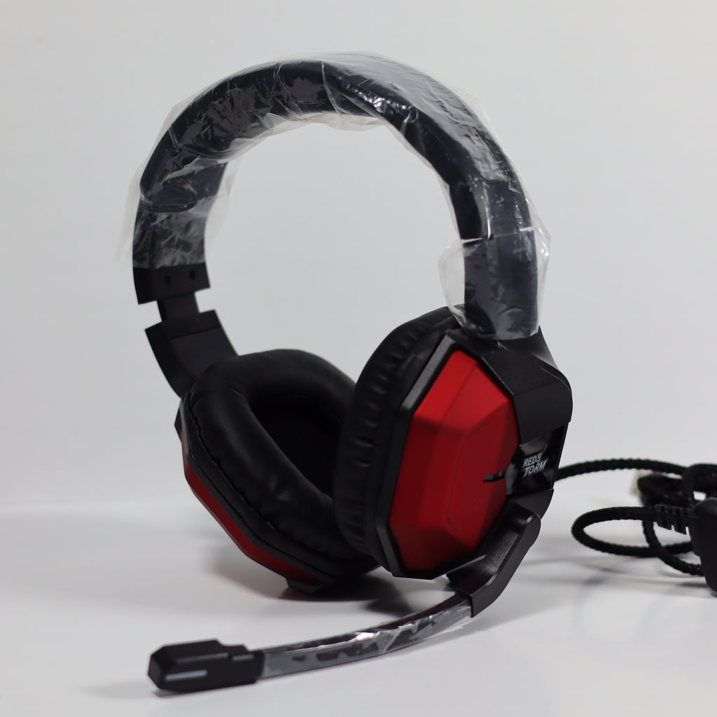 Black and red gaming headset with marble pattern on a white background