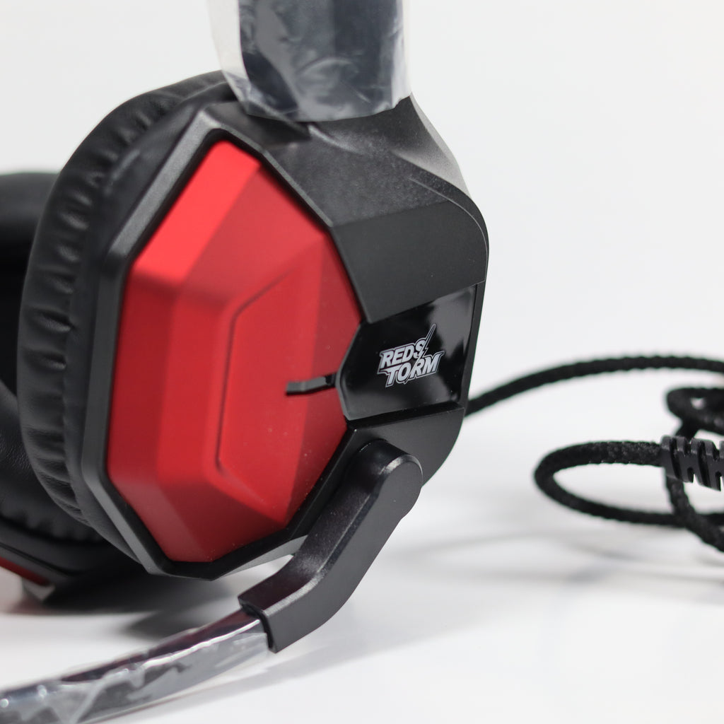 Red and black gaming headset with 'Redstorm' branding on a white background