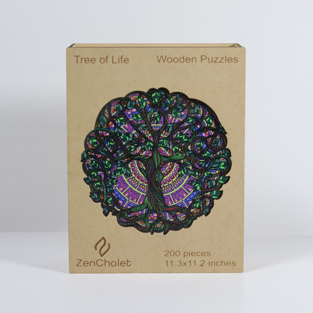 Box of Tree of Life wooden puzzles by ZenChalet on a white background