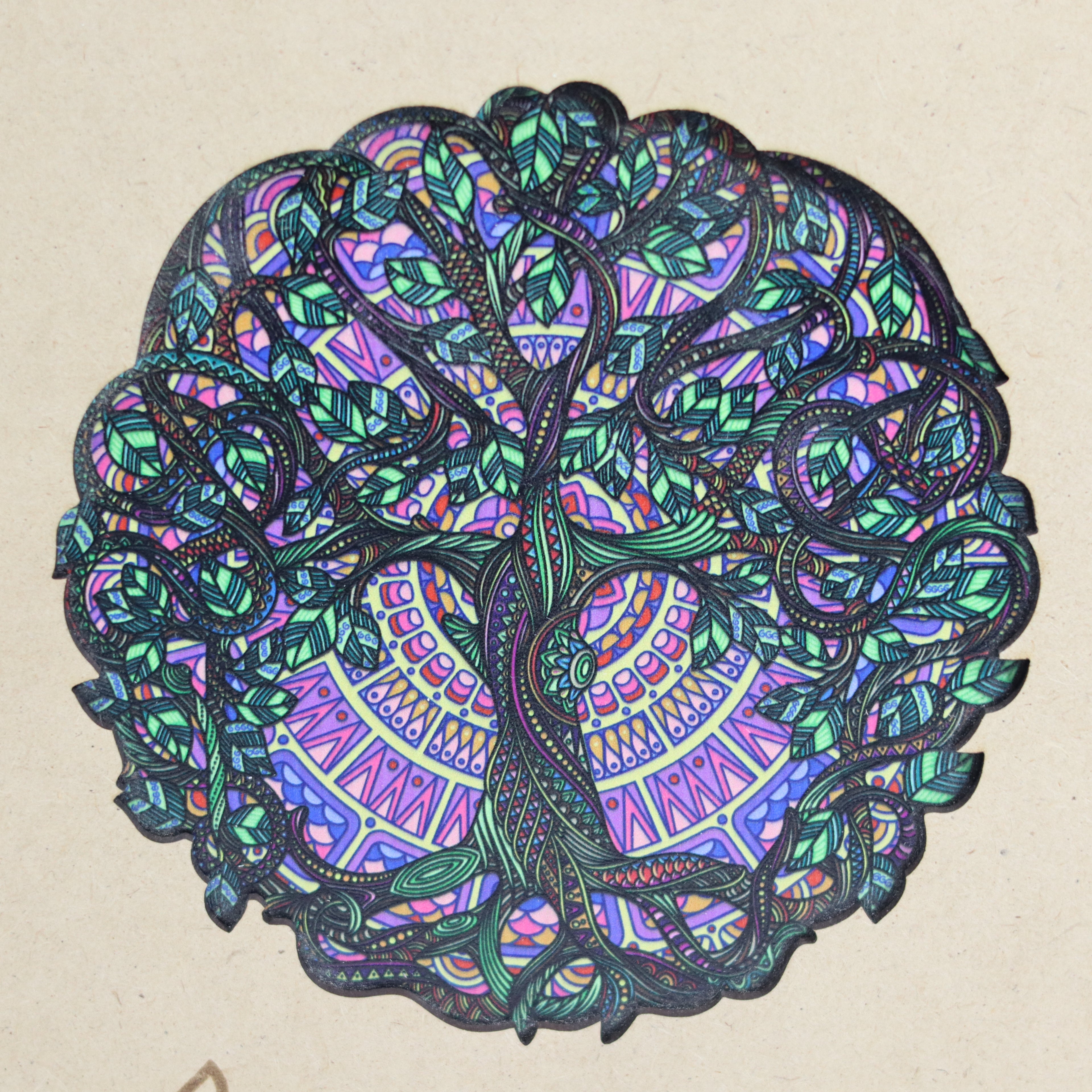 Colorful mandala design on a beige background