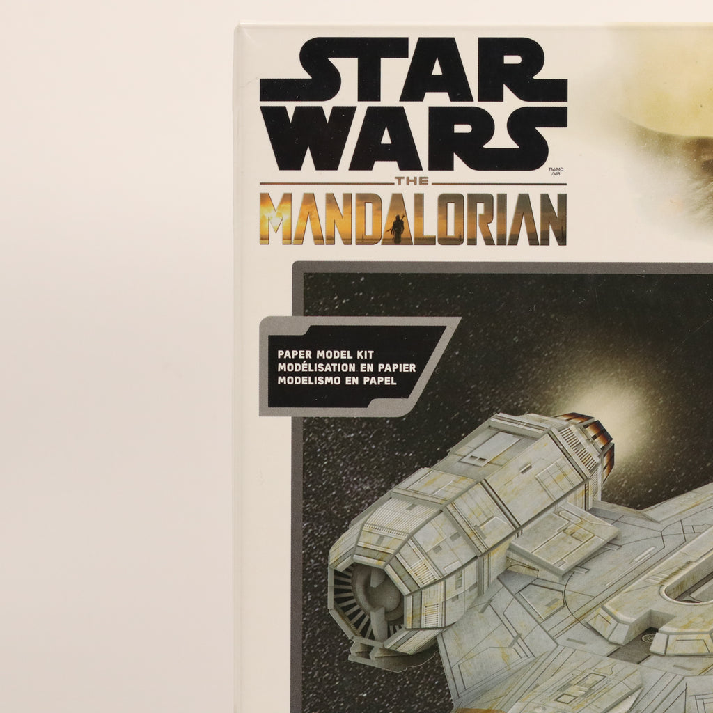 Star Wars The Mandalorian paper model kit packaging with spaceship illustration.