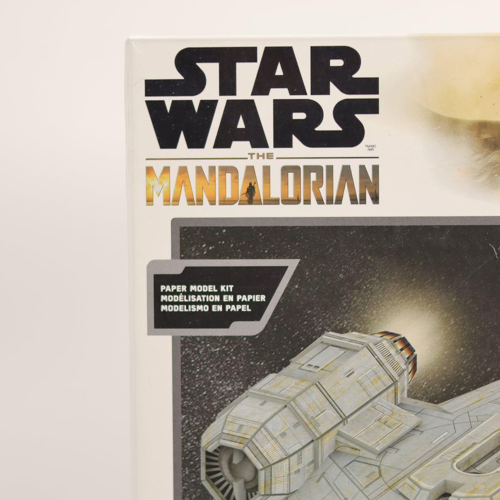 Star Wars The Mandalorian paper model kit packaging with spaceship illustration.