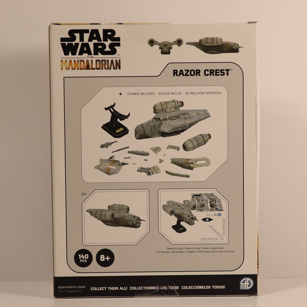Star Wars The Mandalorian Razor Crest toy set packaging on a beige background