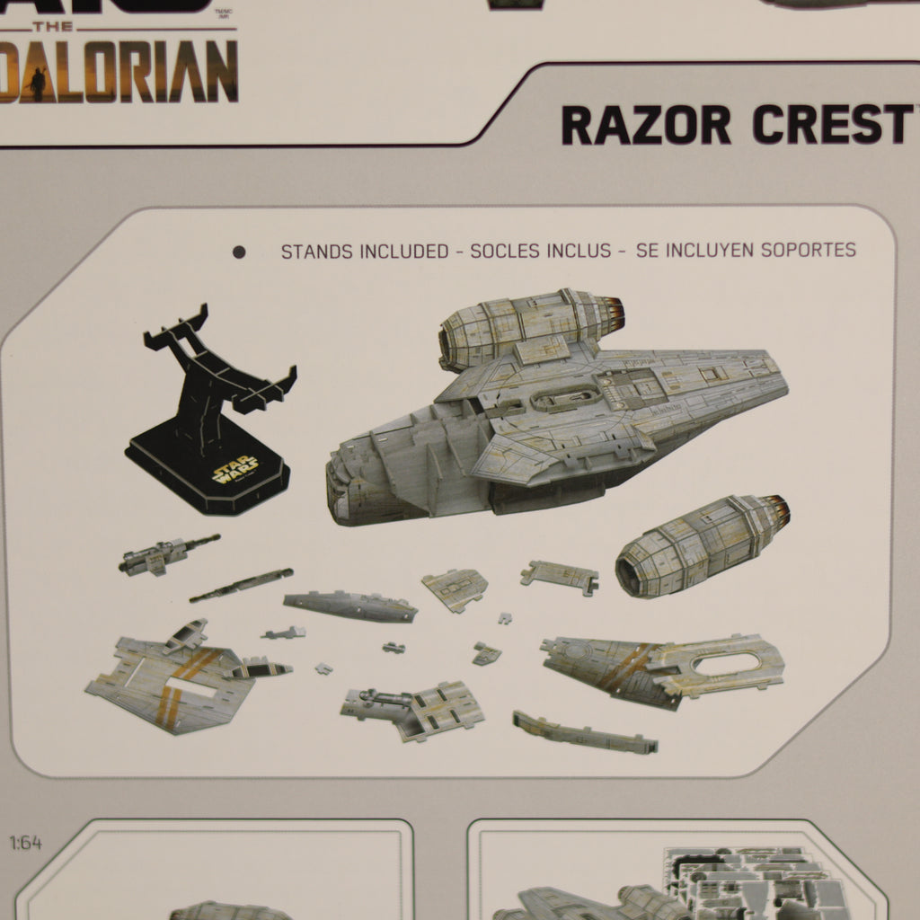 Model kit packaging for 'The Mandalorian' Razor Crest with stand and pieces displayed.