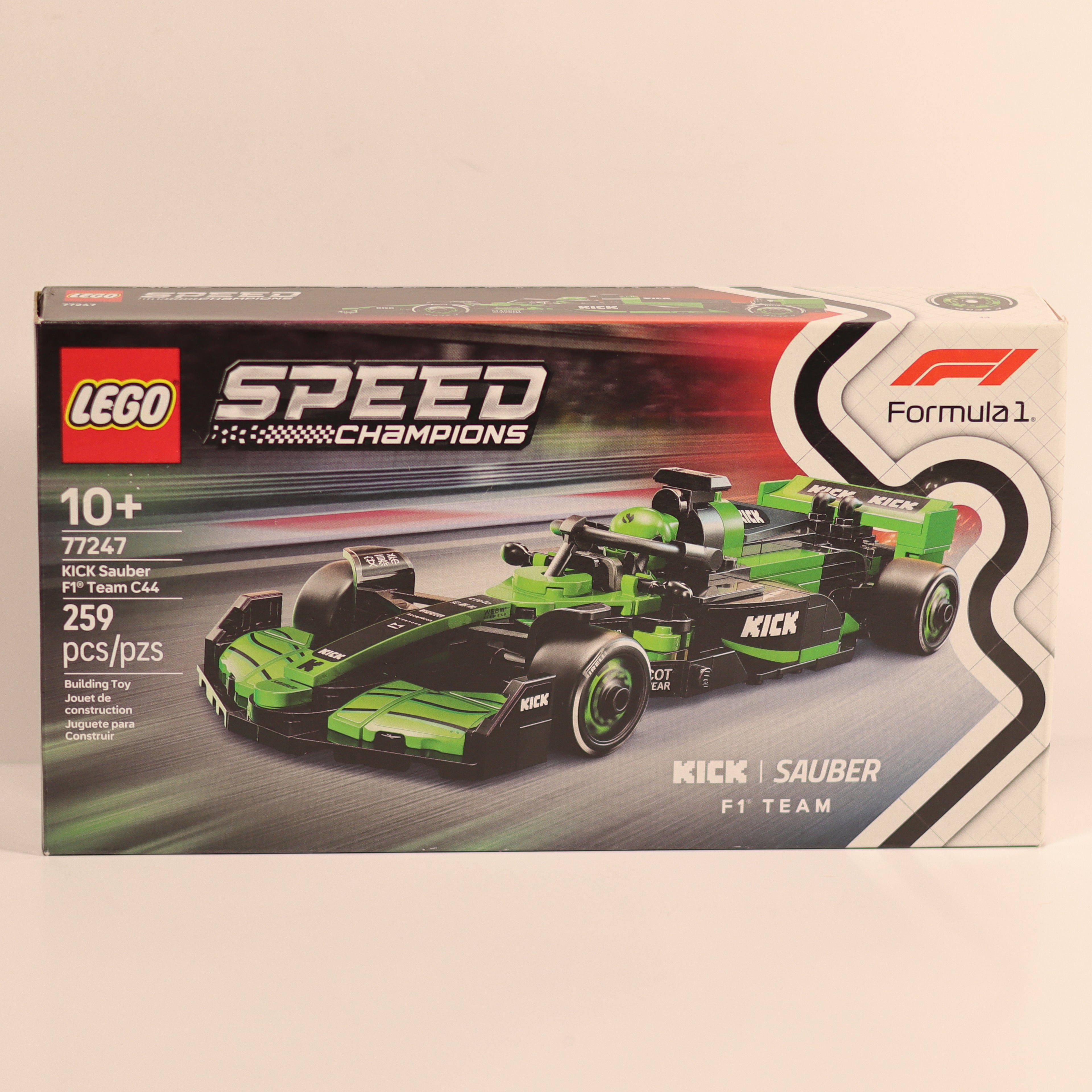 LEGO Speed Champions Formula 1 racing car set packaging on a beige background