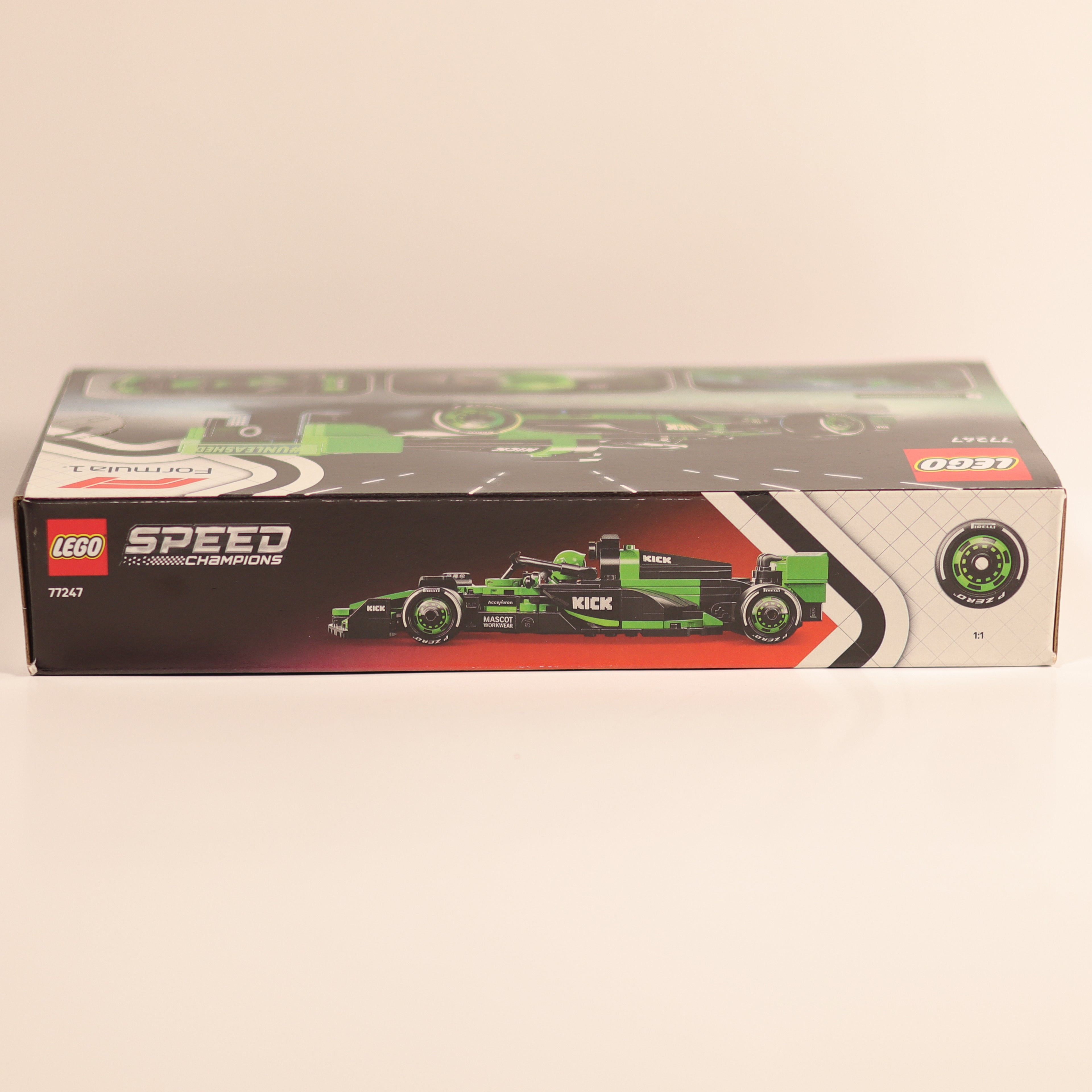 LEGO Speed Champions Formula 1 car packaging on a beige background